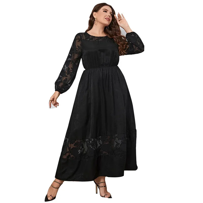 Plus Size Lace Women Dress See Through Long Sleeves Robe Scroop Neck Solid Color Dress Autumn Female Elegant Clothing Gown