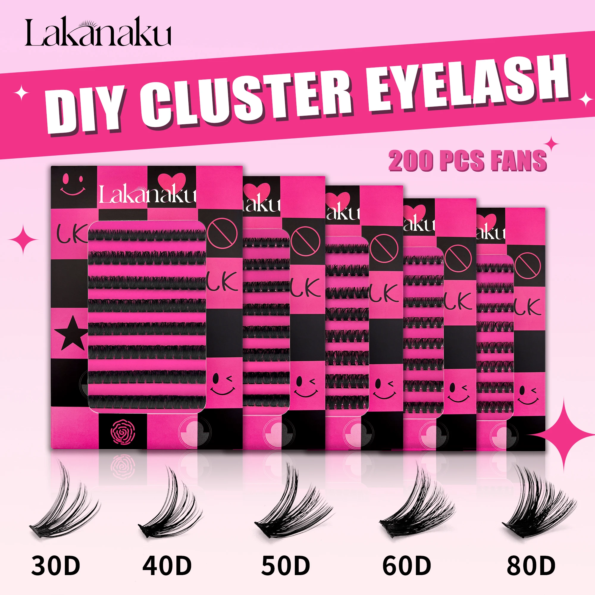 LAKANAKU Diy Cluster Lashes D Curl Heat Bonded Segment Pre-Cut Volume Eyelashes Extension Cat Eye Cluster Lashes