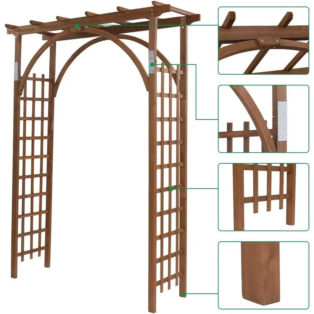7t k Brown Wooden Garden Arbor Arch Trellis | Heavy duty wood pergola archway or climroses vines, perect or patio lawn courtyard