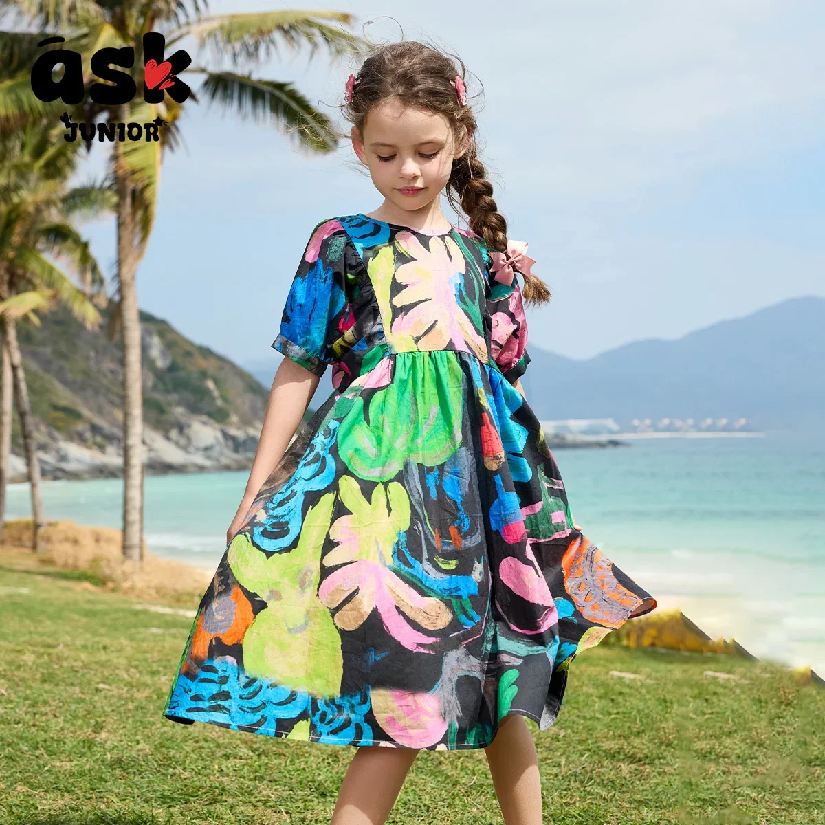 فستان ASK Junior Girls ذو ألوان متباينة وطباعة تجريدية كاجوال متوسط وطويل فساتين صيفية لفتاة الزهور #2