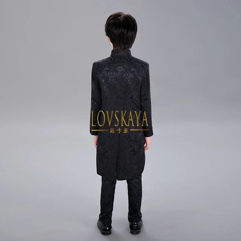 Set tiga potong jas tailcoat tampan, pertunjukan piano anak laki-laki host, black jacquard berwarna payet tampan