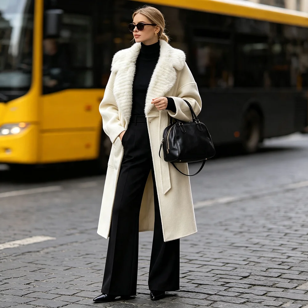 Jaxmonoy Women's Long Wool Coat Luxury Real Mink Fur Collar 2026 Fall New Arrival Wool Trench Coat Fashion Winter New Outerwear