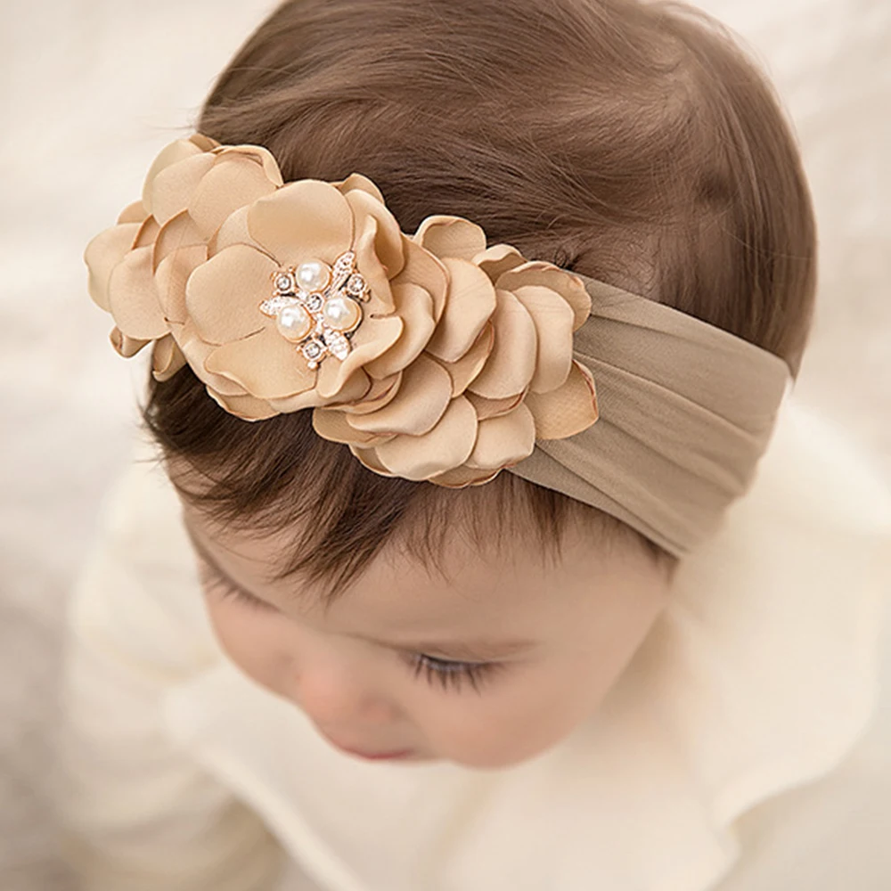 

Diamond Pearl Flower Headband Baby Girls Chiffon Hair Flower Nylon Turban Soft Turbantes Para Bebes Kids Headbands for Girls