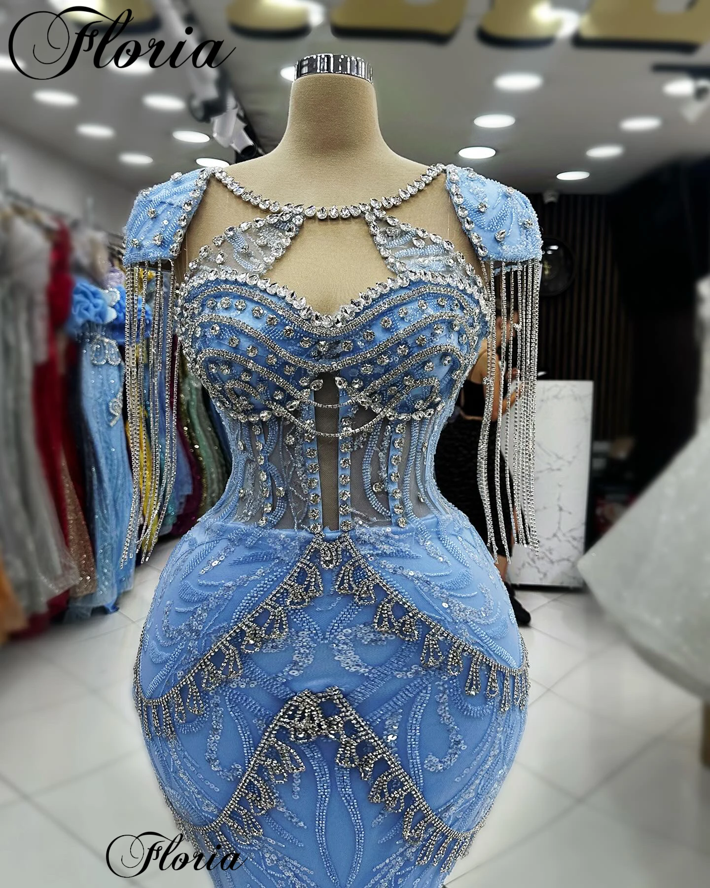 Sky Blue Mermaid Cocktail Dresses With Crystals Sleeveless Elegant Prom Dresses For Women Vestidos Femenino Celebrity Dresses