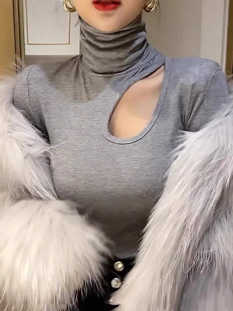 Women's Fleece Lined Slim Fit High Collar Base Shirt Spring Season 2026 New Design Hollow out Sexy Inner Wear Top