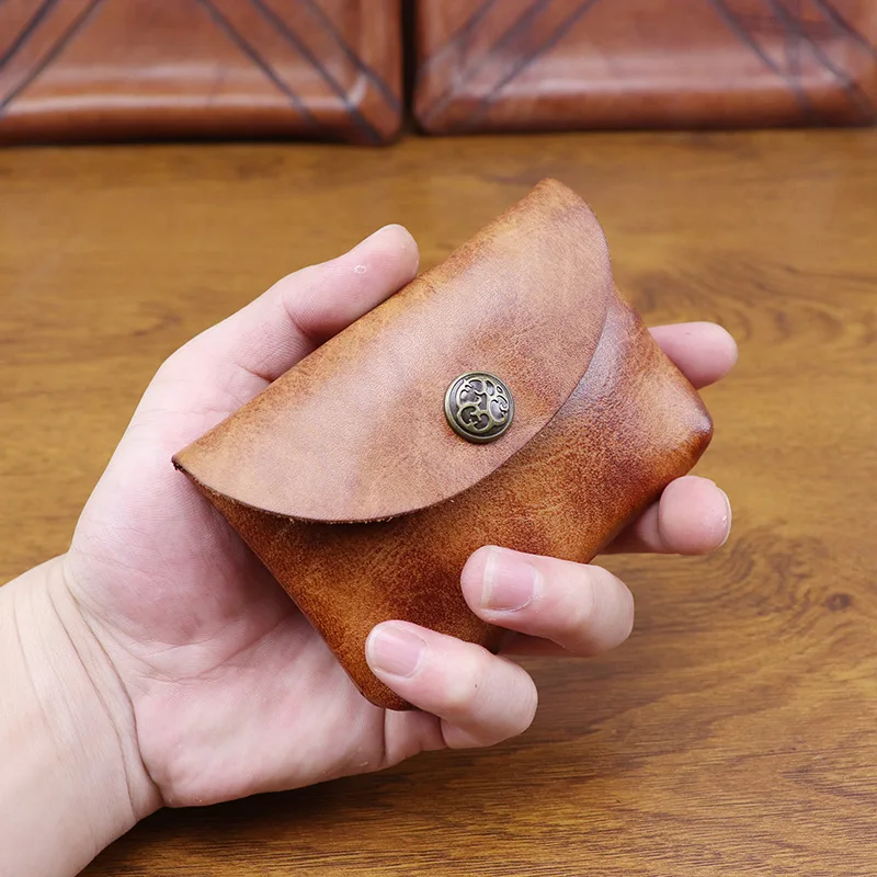 

Vintage Style Handmade Distressed Vegetable Tanned Leather Card Coin Wallet Snap Closure Men's Stylish Compact Pouch For Daily