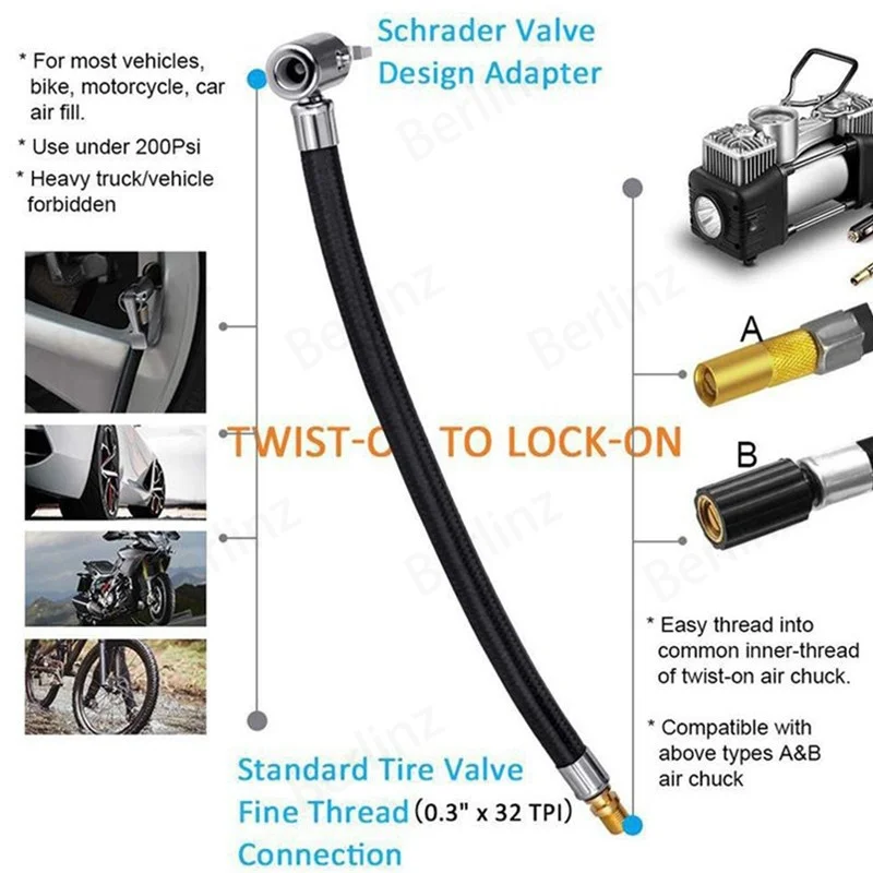 Car Tire Air Inflator Hose Inflatable Pump Extension Tube Adapter Twist Tyre Air Connection Locking Air Chuck Bike Motorcycle