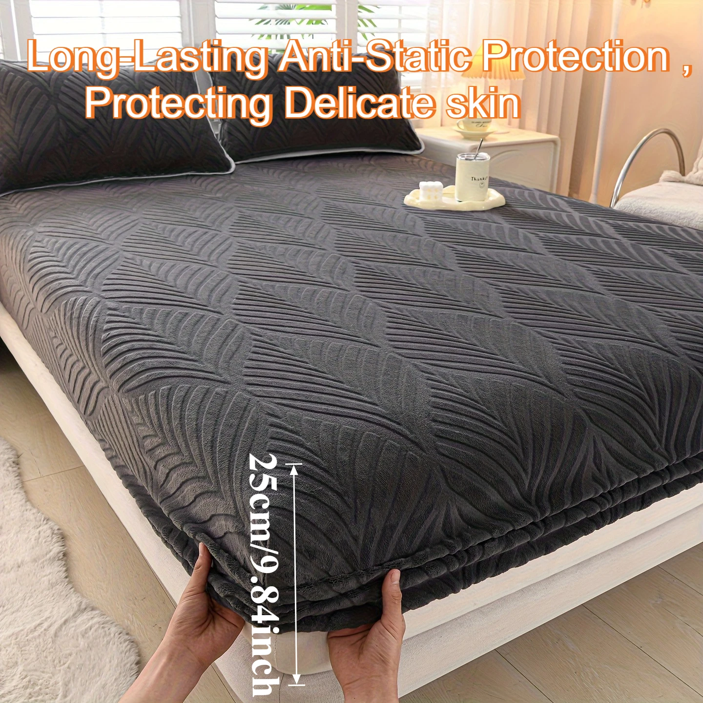 Solid Color Milk Fleece Embossed Plush Fitted Sheet Non-slip Elastic Mattress Protector Soft Bed Cover for Single King Size Beds