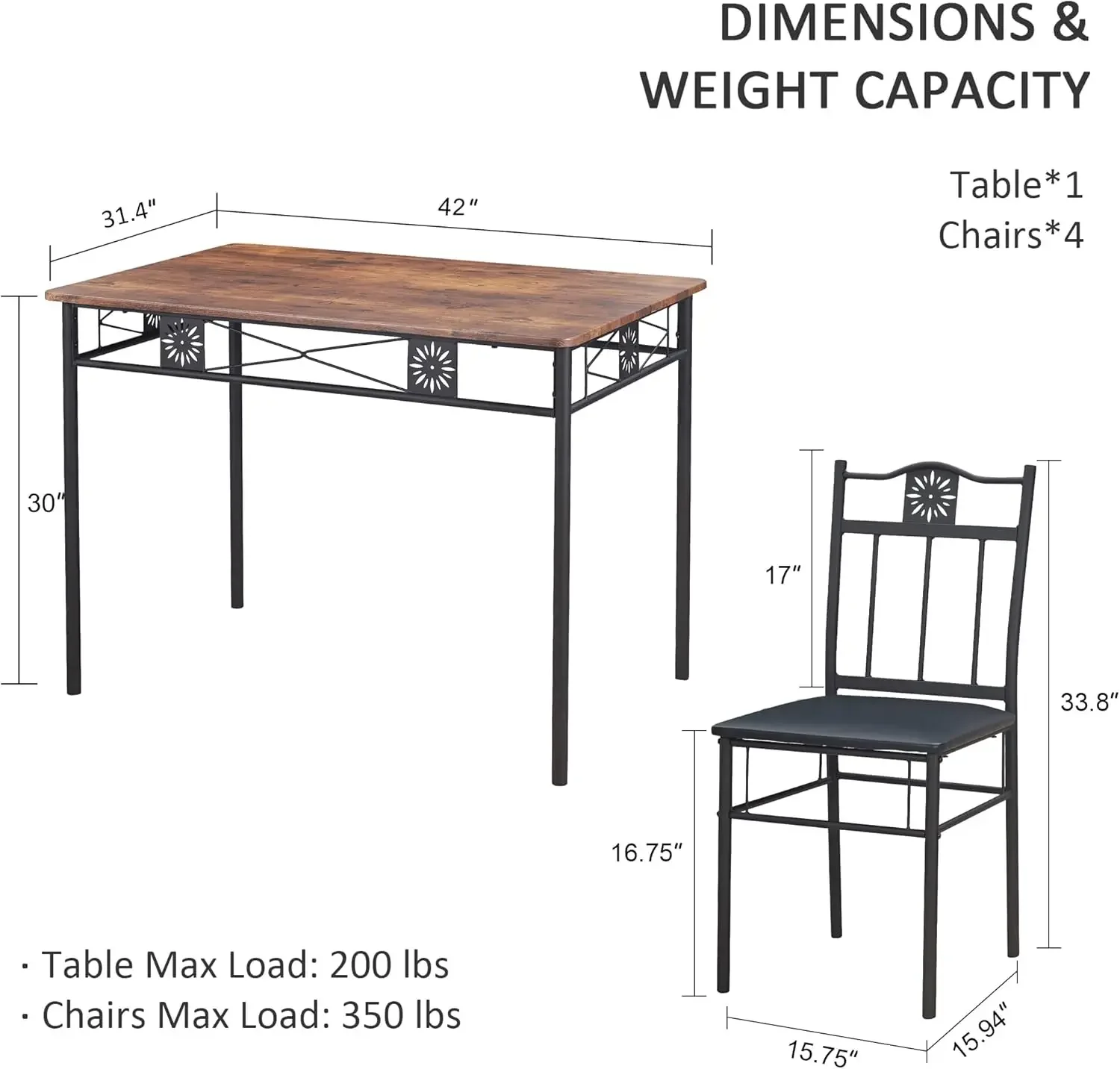 Conjuntos de mesa de quarto para 4, ângulo de café da manhã retangular de metal e madeira de 5 peças, dinette com cadeiras, marrom retrô