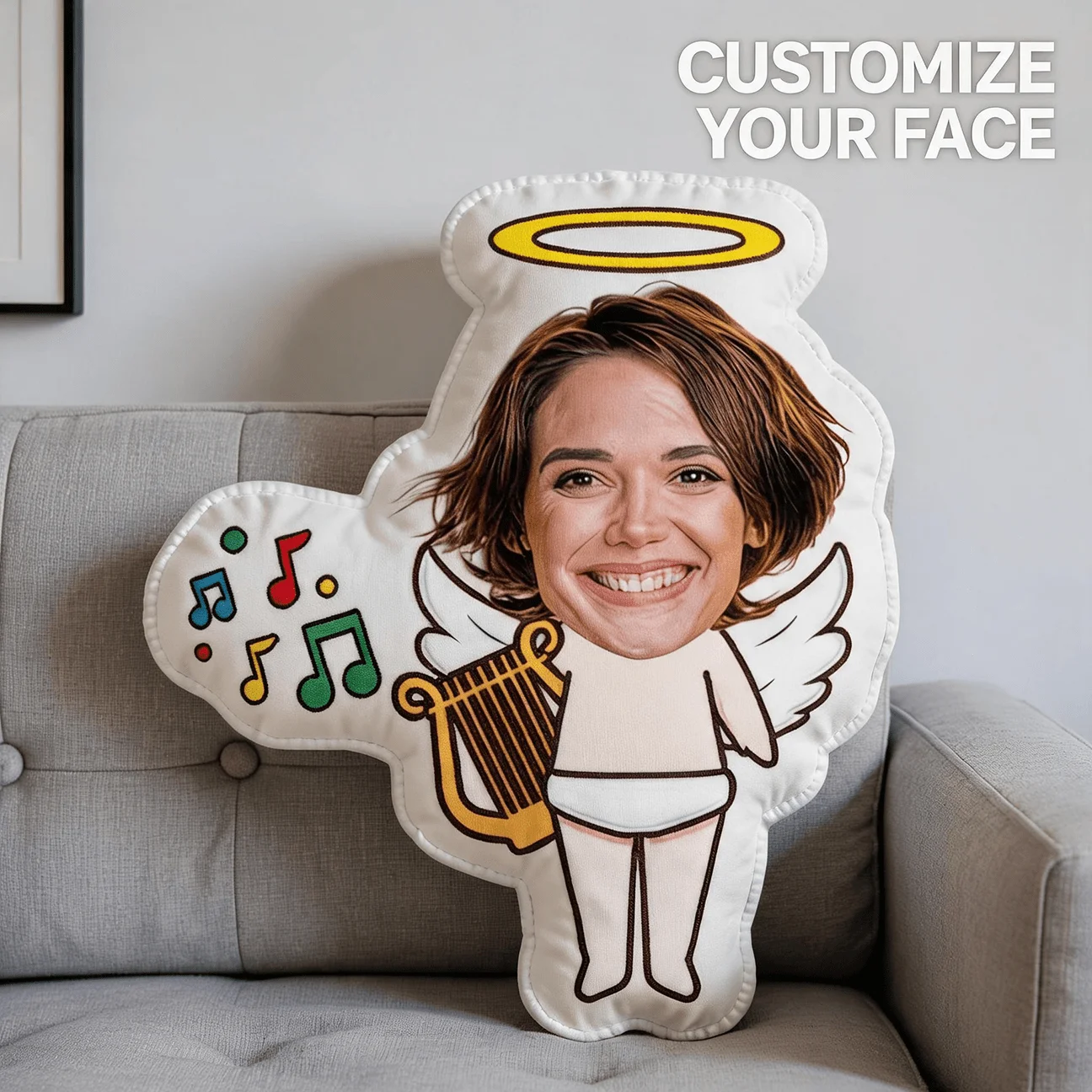 Personalized Photo Angel Musician Shaped Pillow - Custom Face & Name Cushion with Halo & Harp, Suitable for Sofa,, Gift for Adul