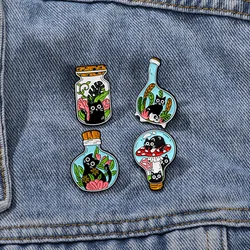 Cartoon Black Cat Bottle Enamel Brooch Water Grass Mushroom Bulb Glass Jar Cute Black Cat Metal Badge Punk Lapel Pins Jewelry