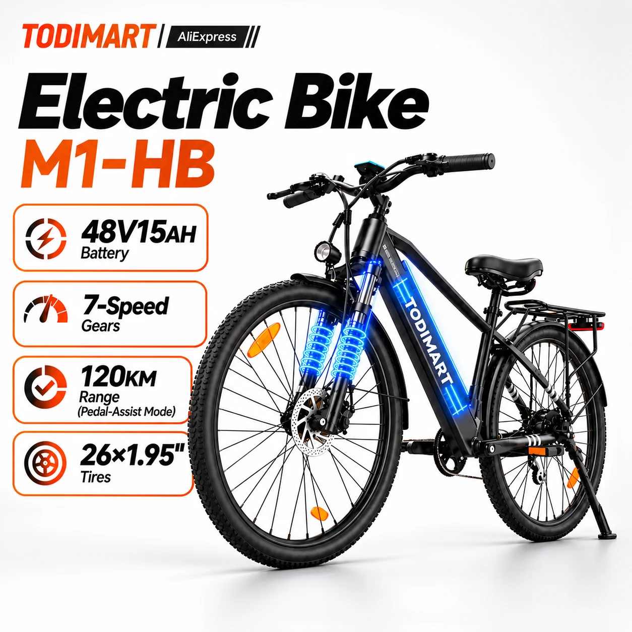 TODIMART M1-HB M2-HB Bicicleta Eléctrica para Adultos Autonomía 120KM Neumáticos 26×2.0 Pulgadas Batería 48V 7 Velocidades Suspensión