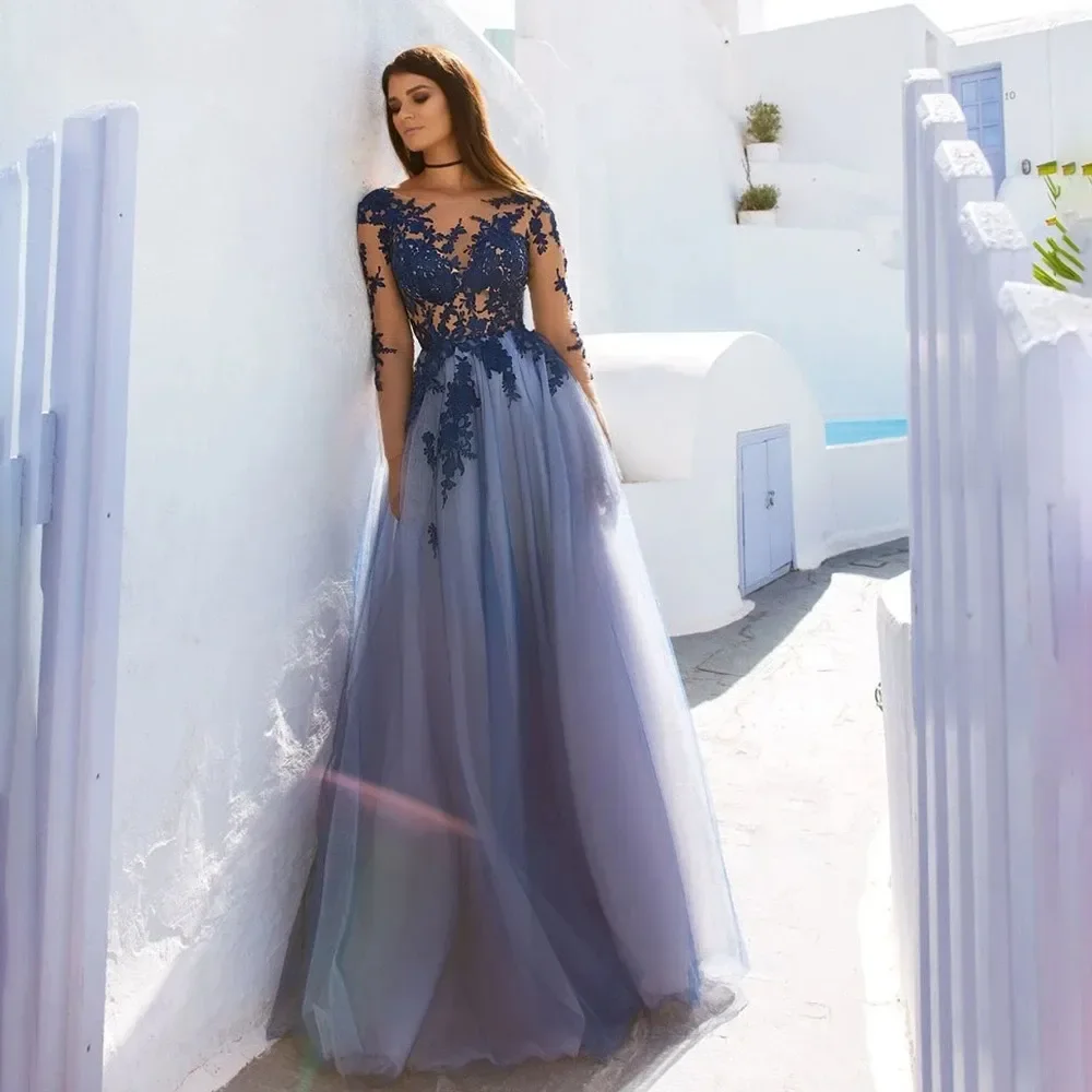 

Navy Blue Evening Dress 2026 Scoop Lace Appliques Tulle Open Back A-line Formal Birthday Party Gowns Prom Dresses Robe De Soiree
