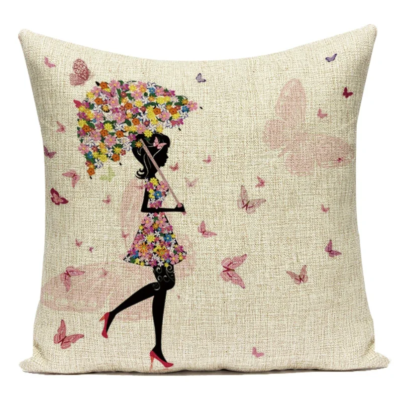 Flower Fairy Girl Butterfly Square Polyester Cushion Covers Soft Touch Pillowcase for Sofa Car Bed Home Decorative
