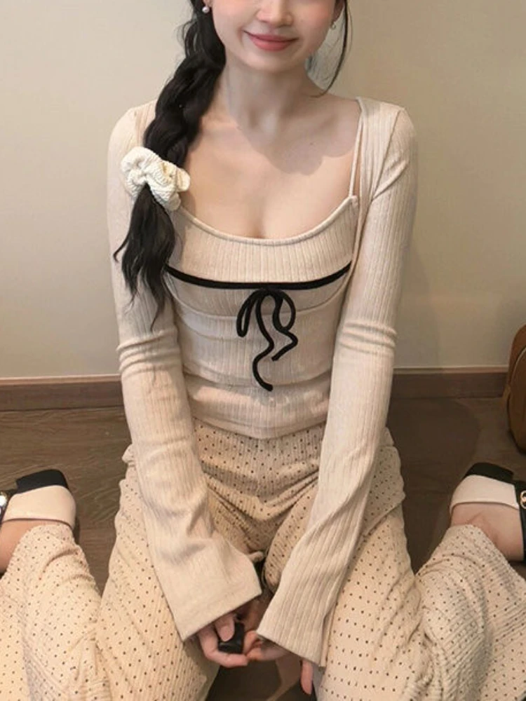 Elegant Knitted Two Piece Sets Sweater Top Women Harajuku Sweet Vintage Office Slim Pullovers Bow Korean Fashion Casual Tops New