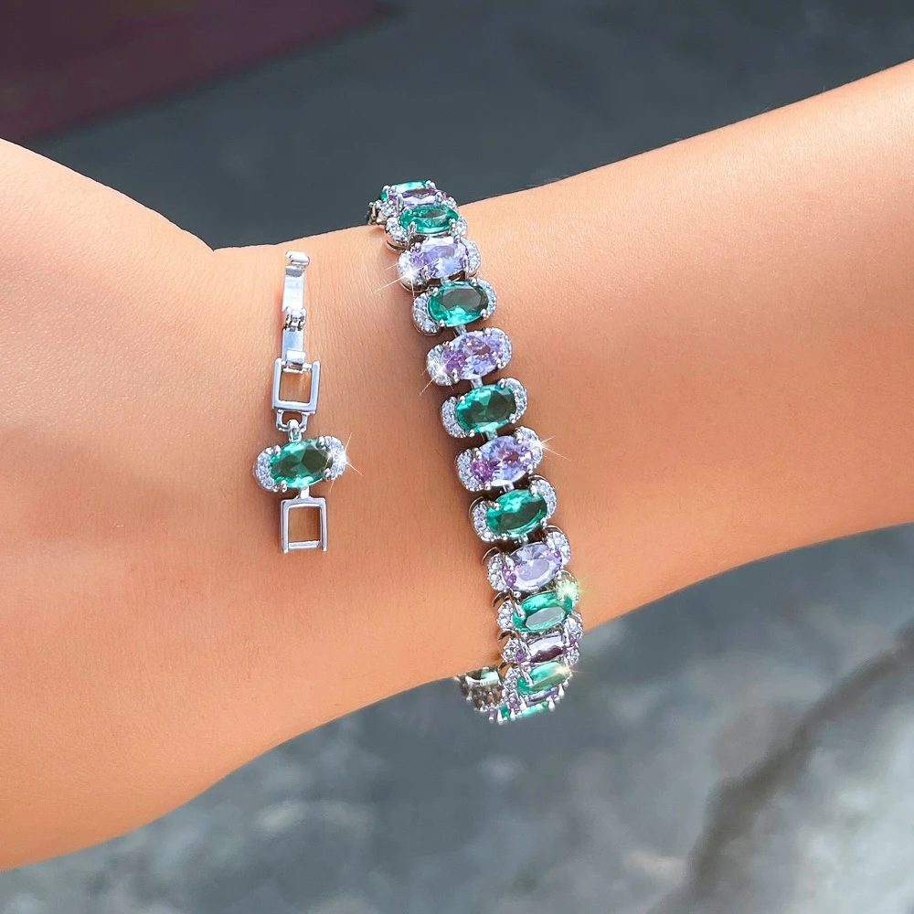 ThreeGraces Luxury Shiny Colorful Zirconia Ellipse Shape Wedding Bridal Engagement Party Tennis Bracelet Jewelry for Women BR451