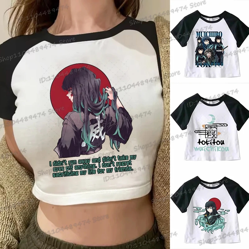 

Demon Slayer Crop Top Y2K Summer Tokitou Muichirou T-shirt 2025 New Round Neck Short Tops Kimetsu No Yaiba Anime Tshirts