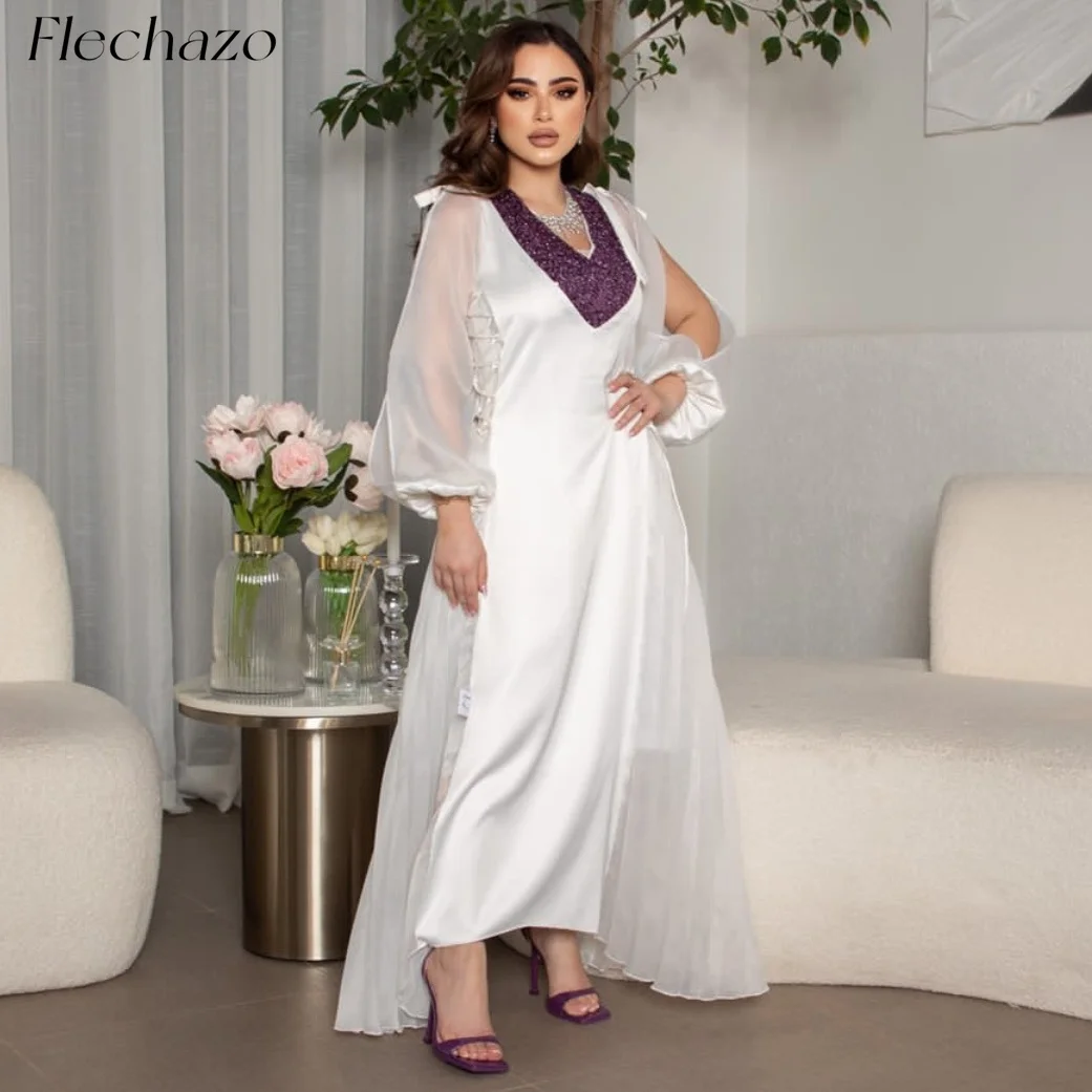 

Flechazo White New Evening Dresses V Neck Sequin Full Sleeve Pleated Speical Formal Party Dress For Women 2024 robes de soirée