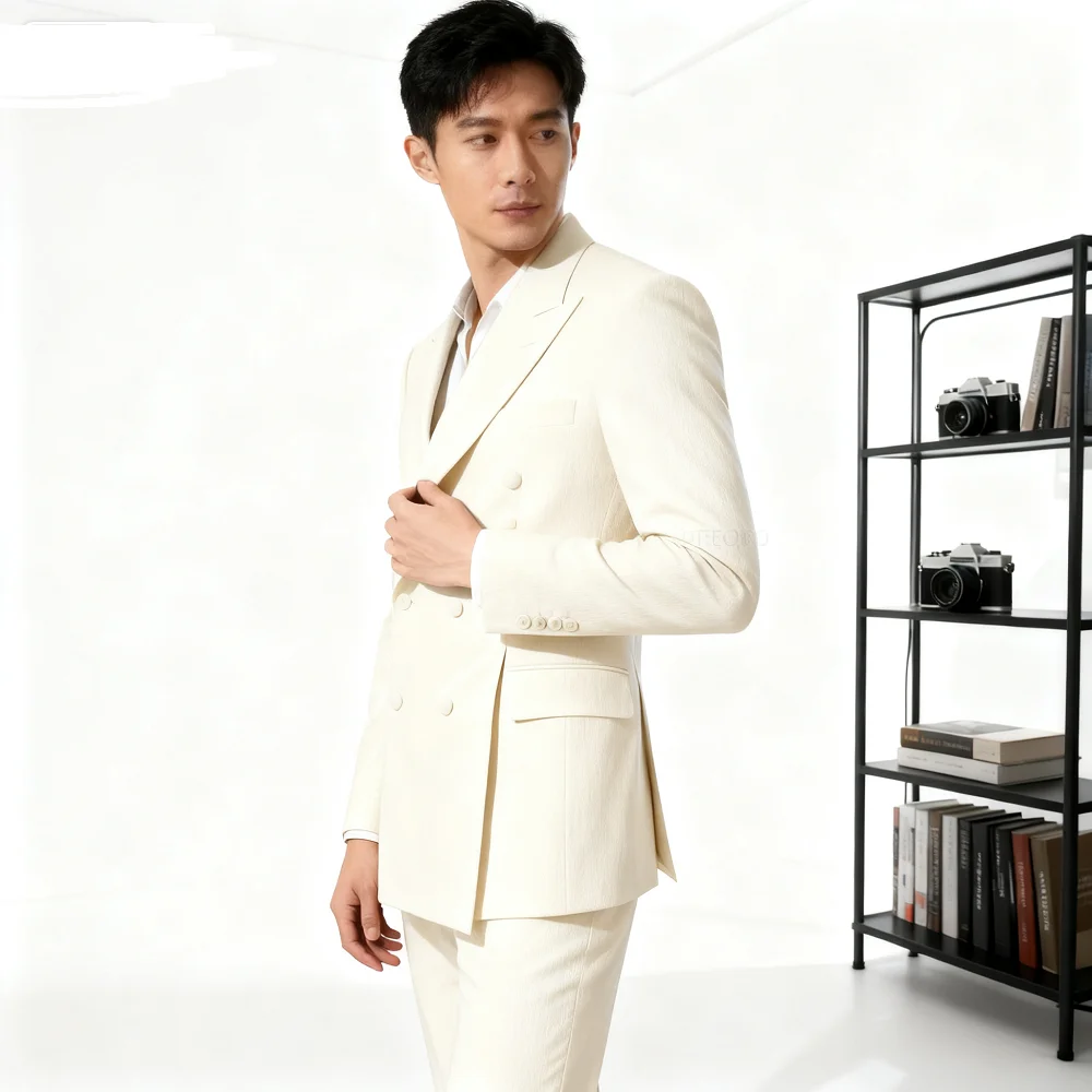 

Мужской двубортный пиджак с пиковым лацканом и брюками, формальный смокинг, деловой, свадебный, жених, элегантный, однотонный, 2 шт.