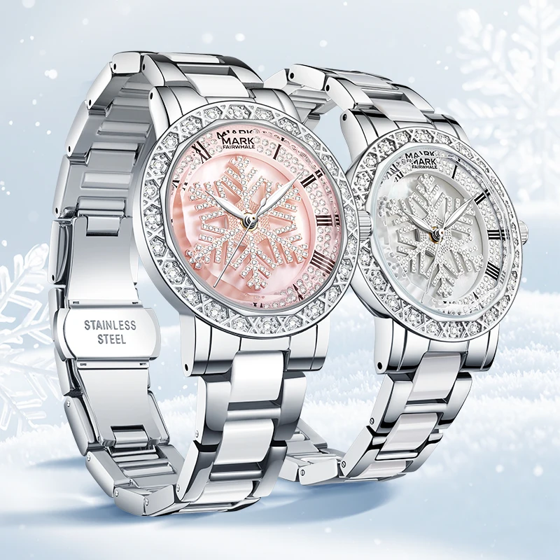 MARK FAIRWHALE 3890 Women Quartz Watch  Rotating Snowflake Inlaid Diamond Dial Ceramic Stainless Steel Strap Watches for Woman