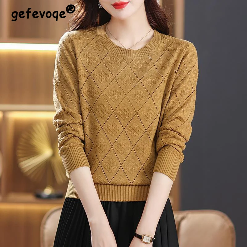 Women Korean Style Simple Casual Hollow Jacquard Knitwear New Spring Autumn Elegant Long Sleeve All Match Knitted Sweater Jumper