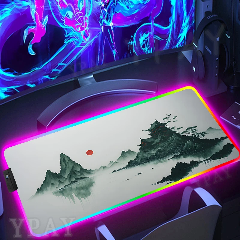 

Ink Painting Backlit Gaming Mousepad Deskmat RGB Gamer Mousepads Big Mouse Pad LED Non-Slip Rubber Mouse Mats Keyboard Mat