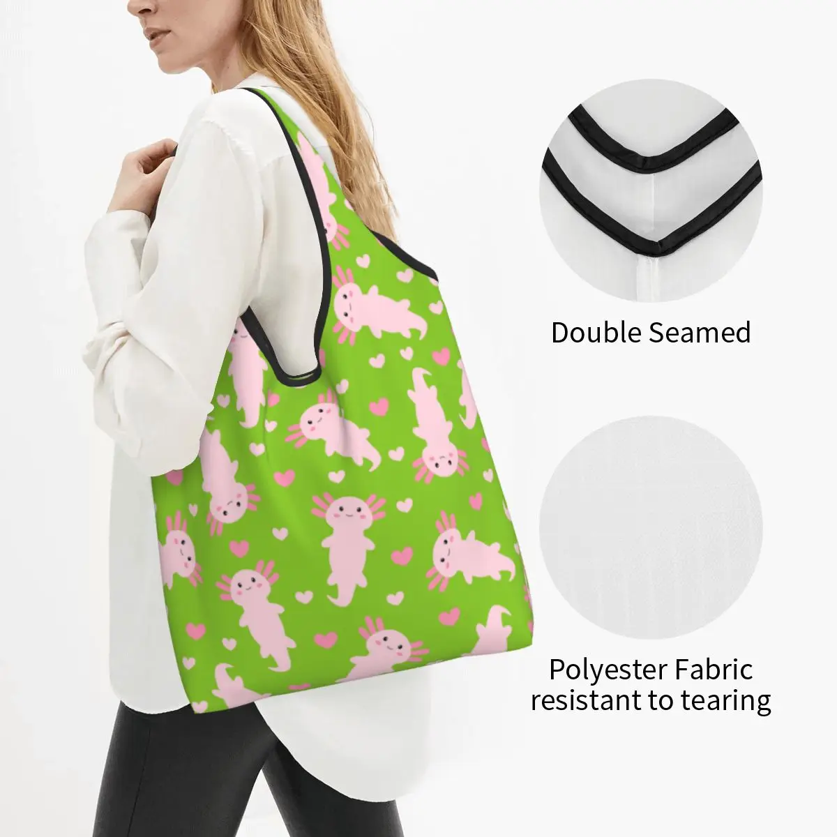 Reusable Cute Cartoon Axolotl Grocery Bag Foldable Washable Funny Axolotls Merch Shopping Bags Extra Large Totes Bag Lightweight