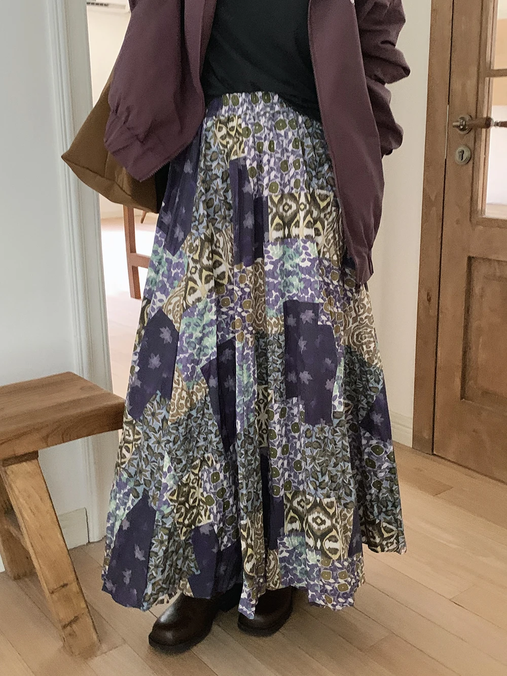 

ELINSU Spring Autumn Loose Elastic Waist Printed f Skirt Vintage Flared Midi Skirt Casual High Waist Cotton A-Line Skirt