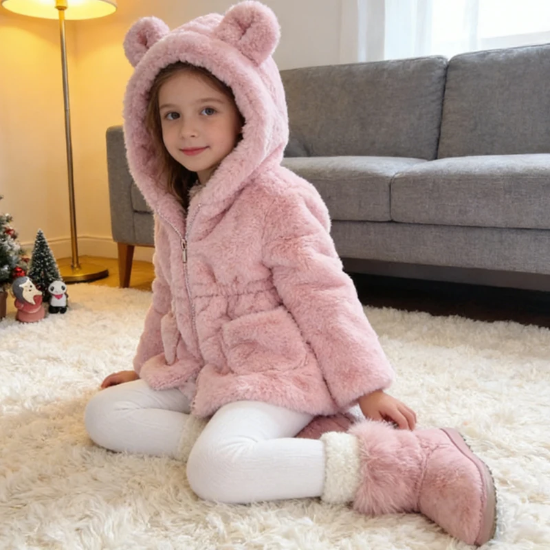 Warm Winter Jacket For Girl Solid Color Plush Fur Casual Thickened Cotton Jacket Korean Style Baby Down Jacket Children's Coat