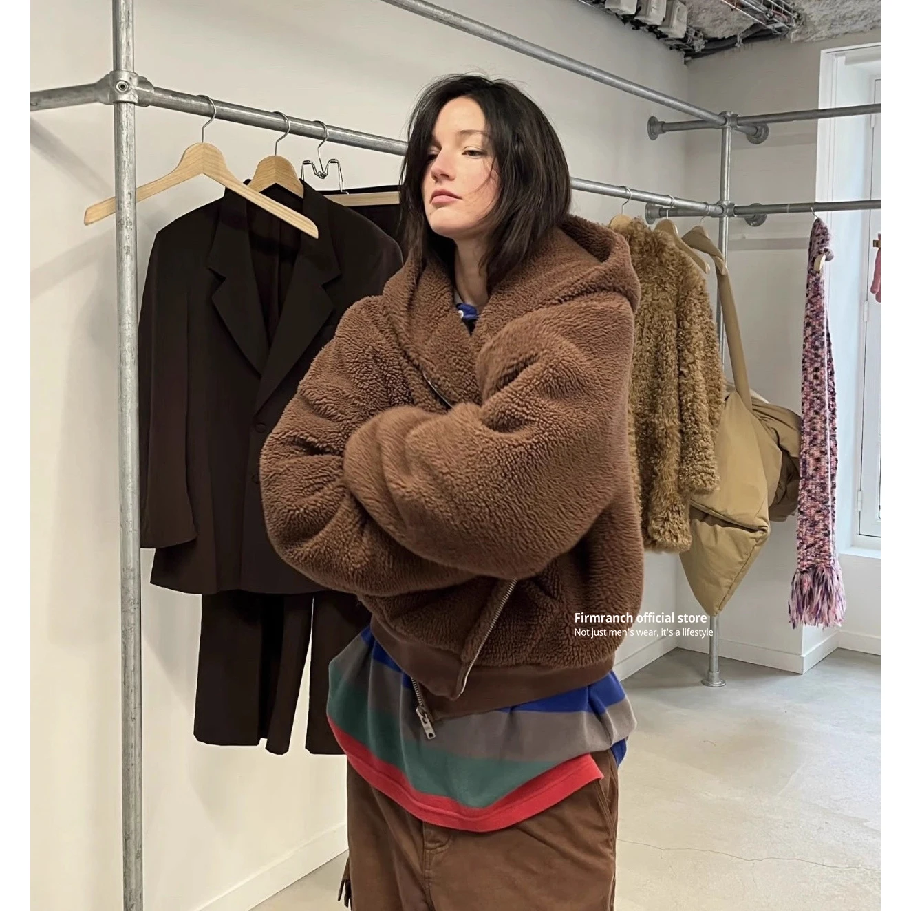 

Firmranch 2026 Autumn Winter New Brown Lambskin Fleece Zip-up Hooded Jacket For Men Women Hooded Short Bomber Coat