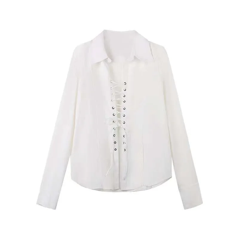 Sexy Bandage Women's Shirt Long Sleeve Lapel Loose White Female T-shirt 2025 Spring Summer Street Fashion Hollow Out Lady Tops