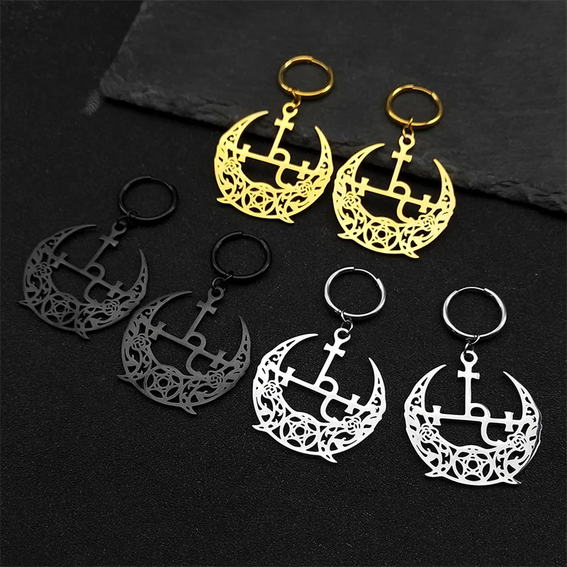 Wicca Triple Moon Crescent Pentagram Hoop Earrings For Women Men Stainless Steel Gold Color Satan Lilith Drop Earrings Jewelry