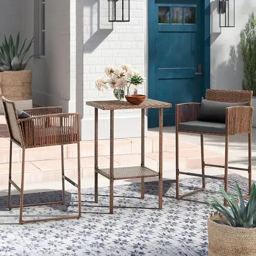 3 Piece Patio Wicker Bar Set, Outdoor Bistro Set of 2, Black | Rattan Barstool Furniture, Height Counter Table and