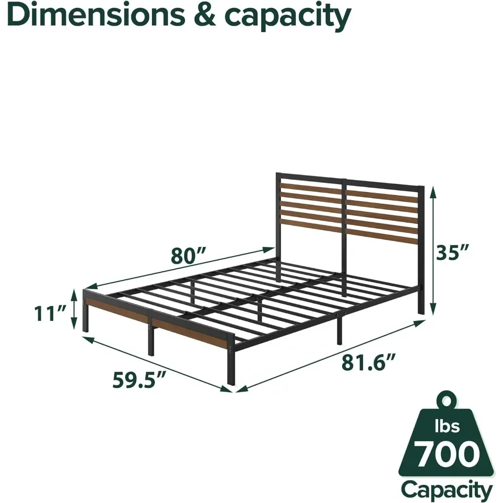 Bamboo and Metal Platform Bed Frame with Headboard / No Box Spring Needed / Easy Assembly, Queen, Brown