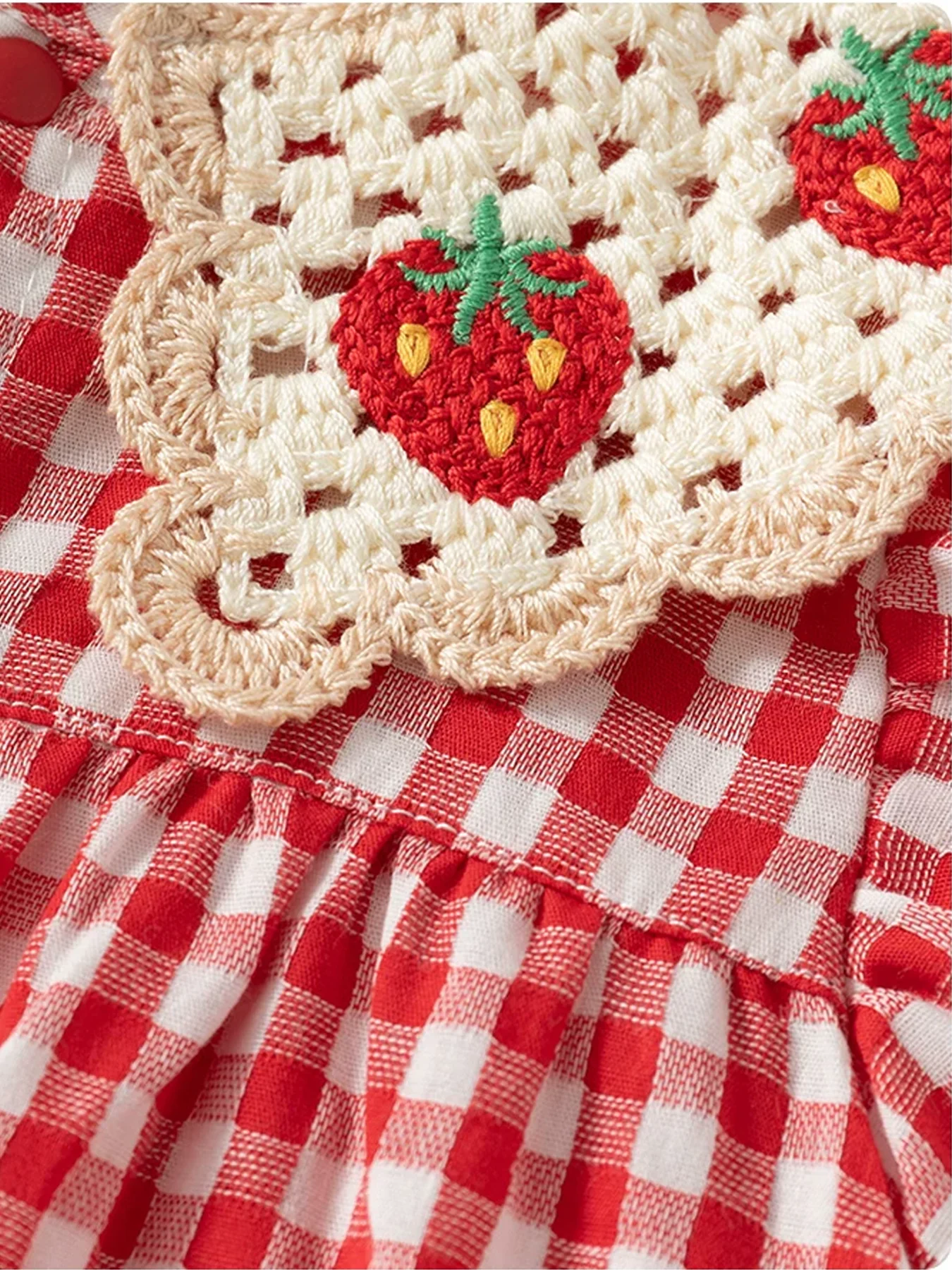Ärmelloser Baby-Mädchen-Strampler: Gehäkelter, rot-weiß karierter, süßer Baby-Mädchen-Einteiler für den täglichen Sommergebrauch. – Detail 9