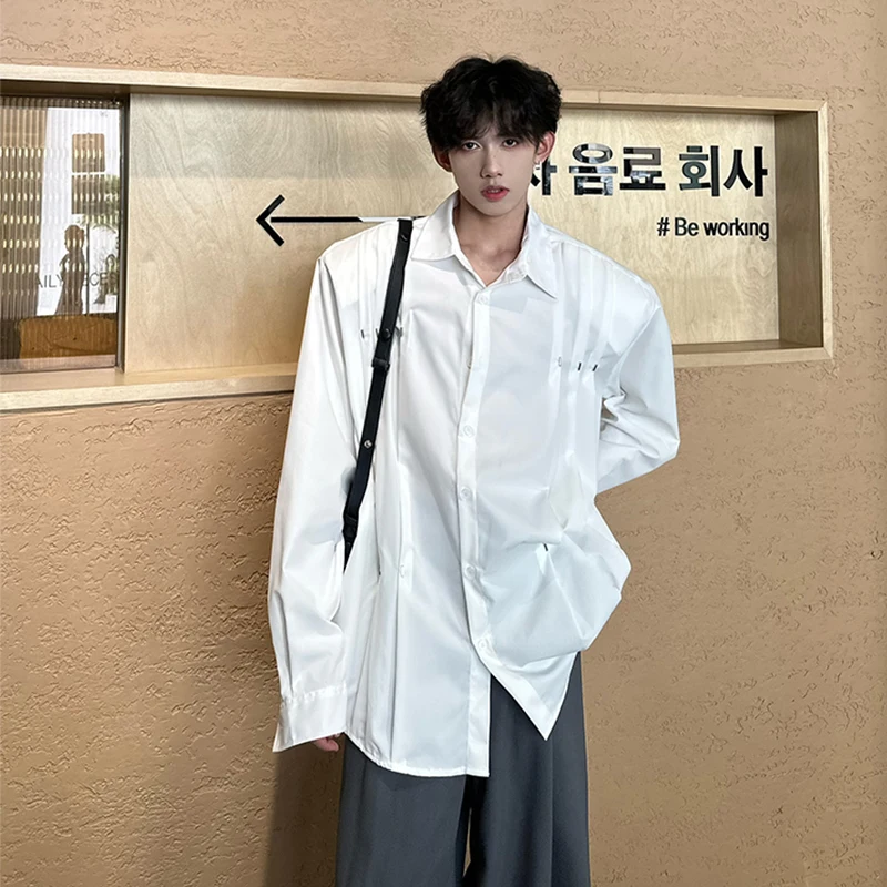 

Мужская рубашка с длинным рукавом и подплечниками, в британском стиле, модная, повседневная, для весны, молодежная, из полиэстера