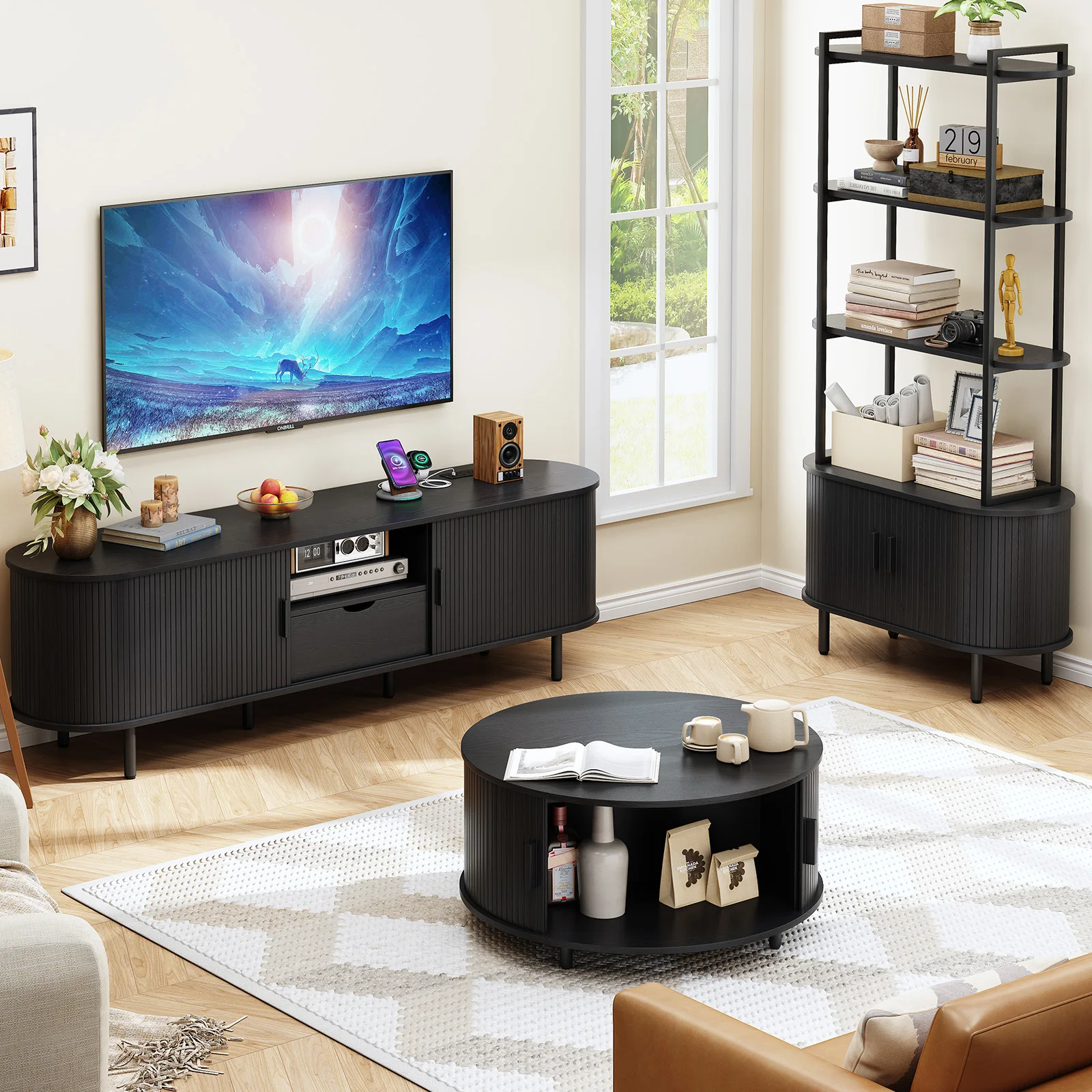 69 Inch TV Stand, TV Console for TVs up to 80",Entertainment Center w/ Storage & Drawer,TV Console w/ Adjustable Shelves view 6