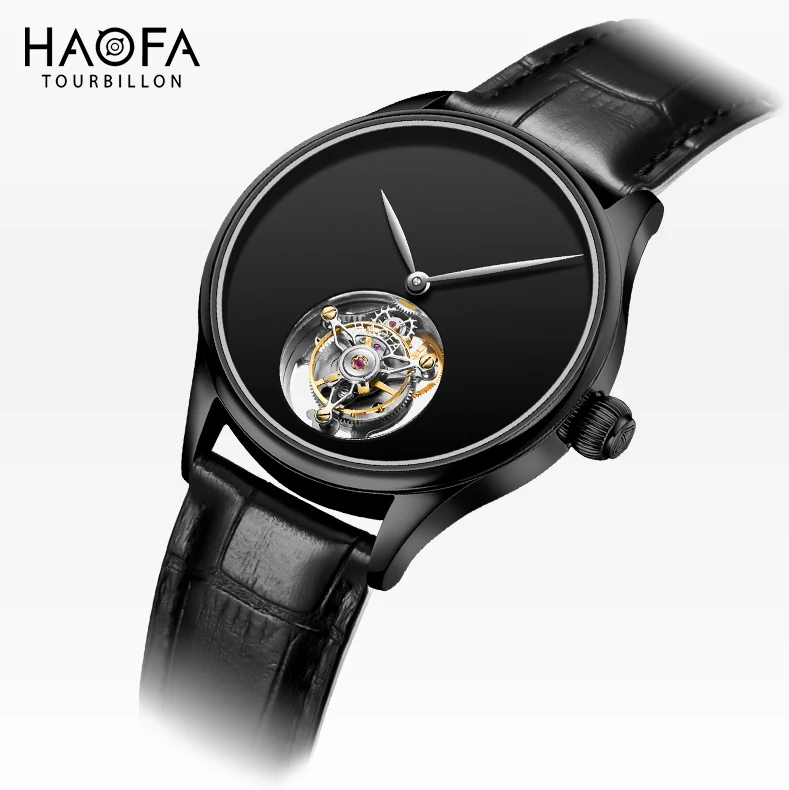 Haofa No Logo Simple Style Tourbillon Mechanical Man Watch Manual Flying Tourbillon Skeleton Movement Men Watches Business 1039