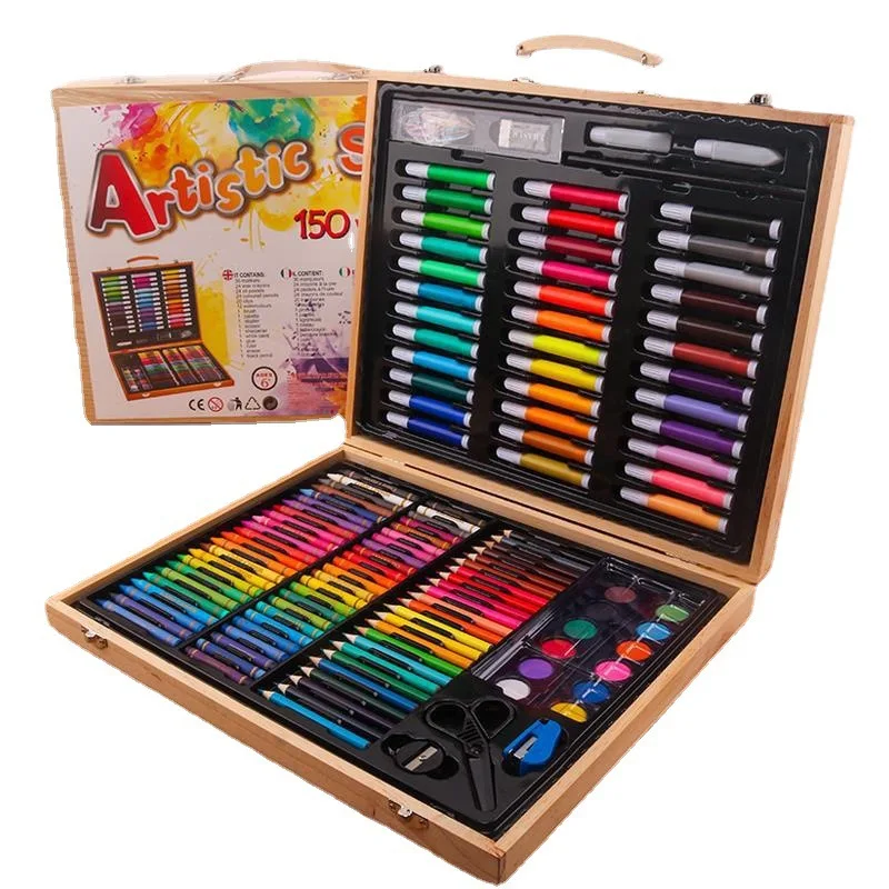 150 Piece Kids Art Set in Wooden Box with Watercolor Pens, Colored Pencils, Oil Pastels, Crayons, Watercolor Cakes, Scissors