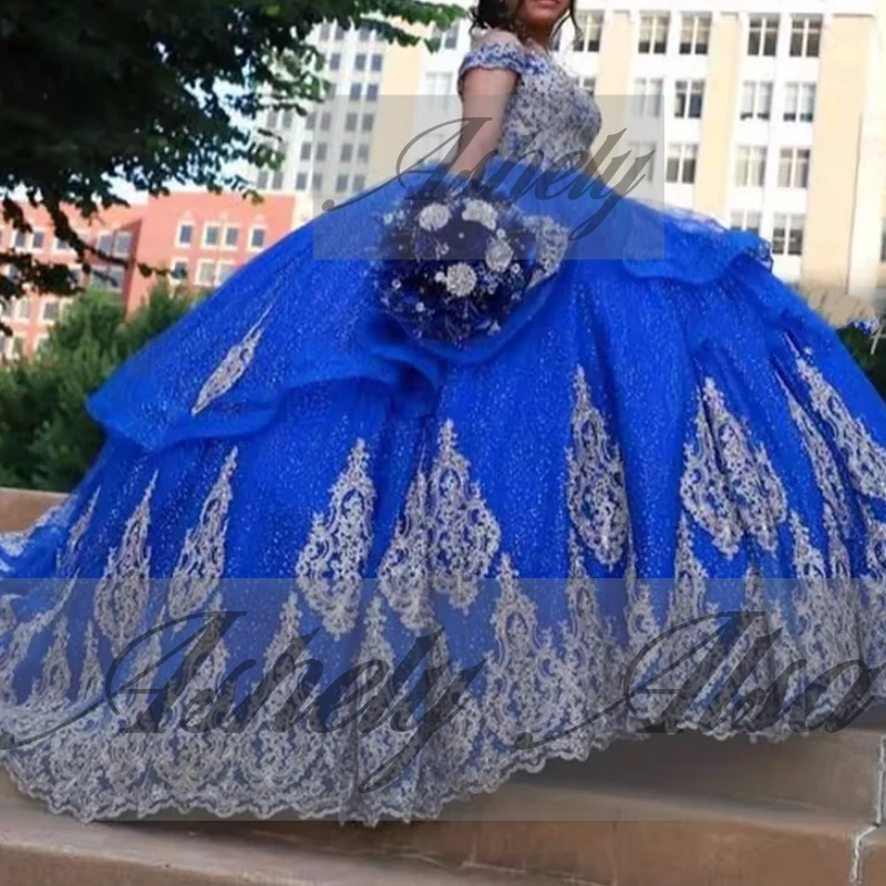 A1514 luxe mexicain bleu femmes robe de fête d'anniversaire Cap manches dentelle Applique robe de bal bal Quinceanera 15 16 14 nouveau personnalisé