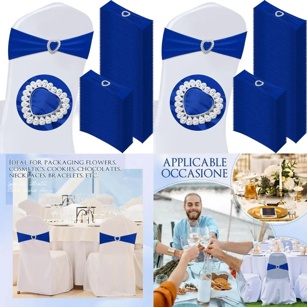 

Royal Blue Spandex Chair Sashes Bows with Heart Buckle, 150pcs Elastic Chair Cover Bands for Weddings, Banquets, and Party Decor