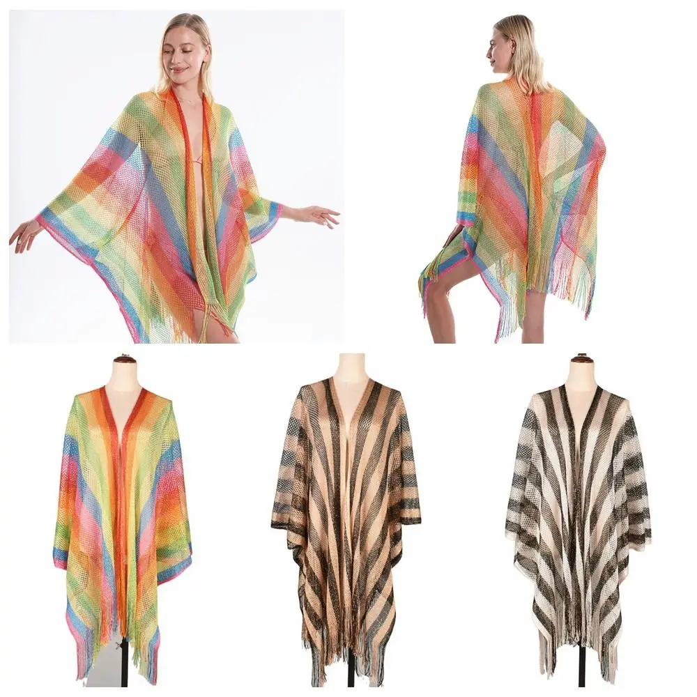 210*75cm Sunscreen Shawl Fashion Long Tassel Multicolor Rainbow Stripe Scarf Sunshade Summer Sexy Mesh Shawl Beach