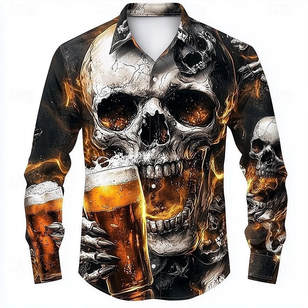 3D Print Beer Graphic Men's Long Sleeve Shirt Festival Party Funny Fashion Button Lapel Shirts Autumn Outdoor Casual Man Clothes