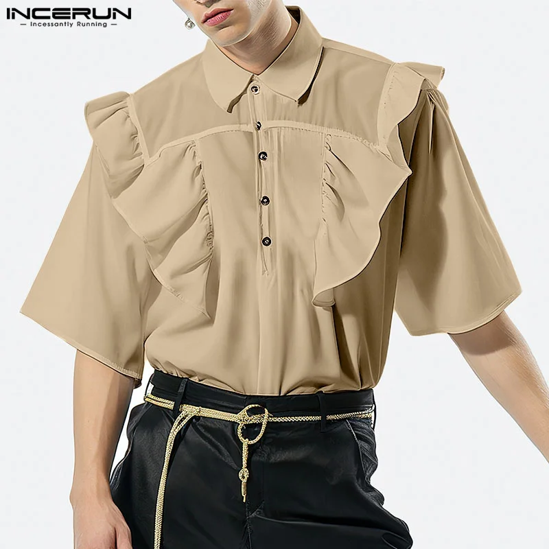 2024 Men\'s Shirt Lapel Short Sleeve Solid Color Ruffle Summer Casual Men Clothing Streetwear Loose Fashion Shirts S-2XL INCERUN