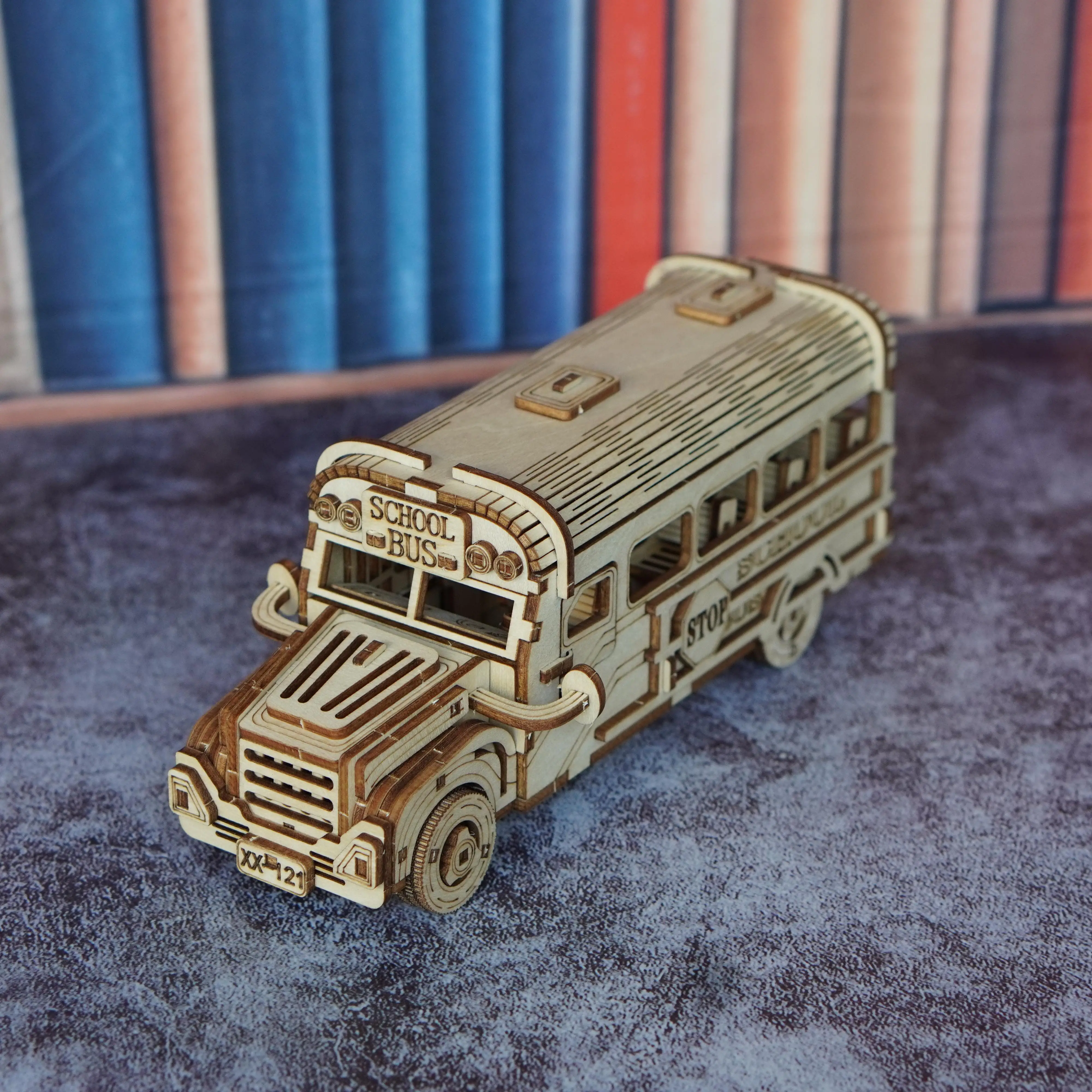 نموذج تجميع حافلة مدرسية أحجية خشبية ثلاثية الأبعاد، نموذج سيارة مجمع يدويًا، هدية تزيين لعبة إبداعية ذاتية الصنع #5
