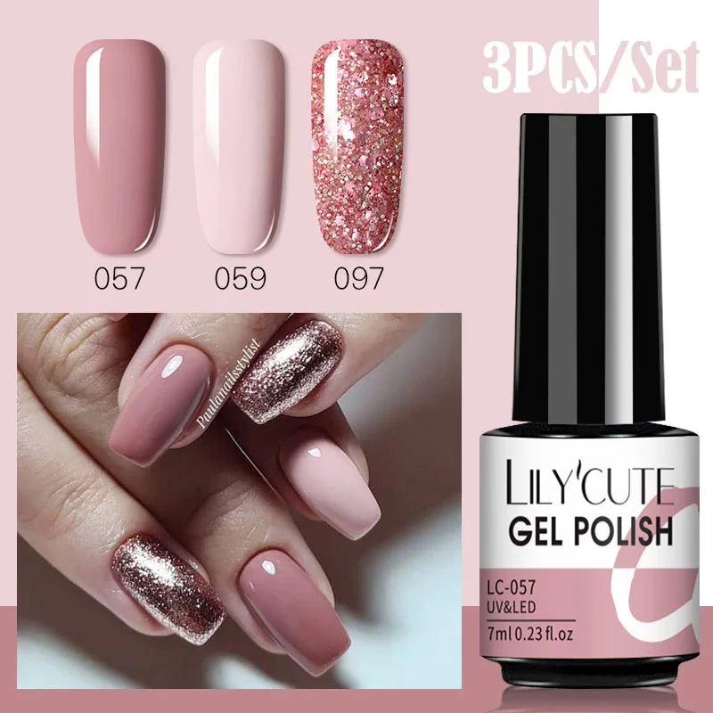 LILYCUTE 3 pçs rosa ouro gel unha polonês manicure conjunto glitter gel semi permanente base superior casaco uv gel arte do prego design híbrido