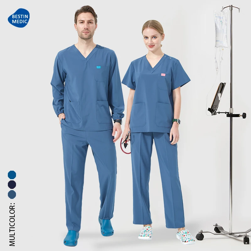 Women Nurse Uniforms V-neck Snap Closure Dentist Scrub Set Men Operating Room Clothes Doctor Surgery Overalls 4-way Stretch S03