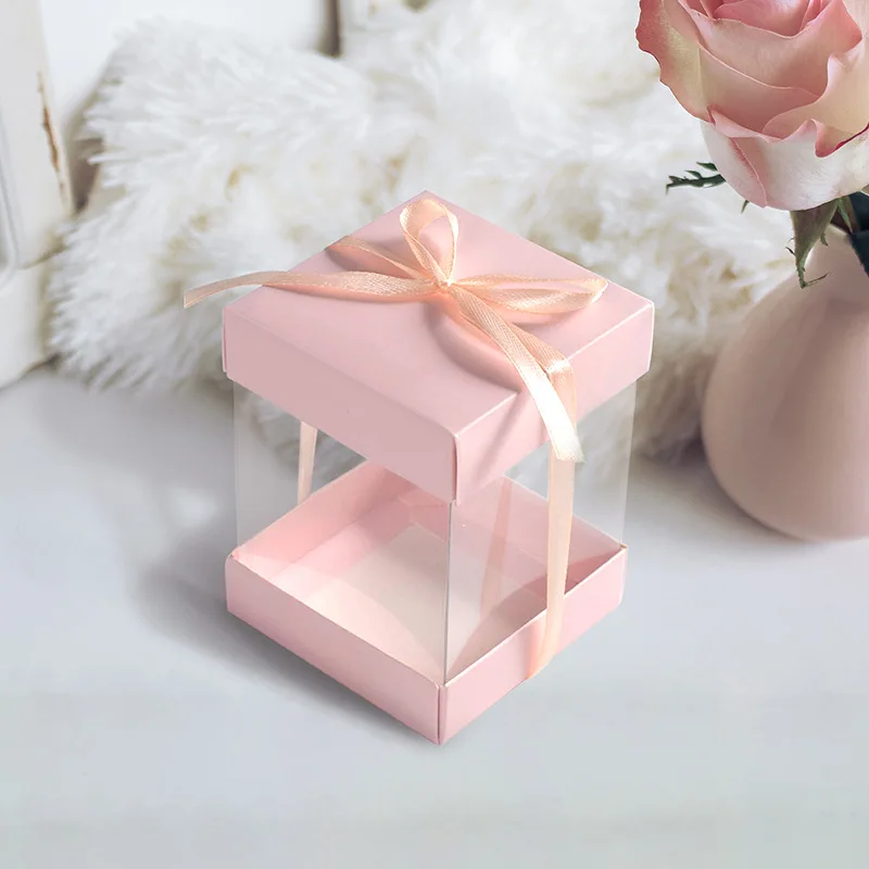 

20Pcs Pink Small Kraft Paper Gift Boxes Transparent Window Baking Cake Box Cookie Candy Packaging Tool Wedding Gifts For Guests