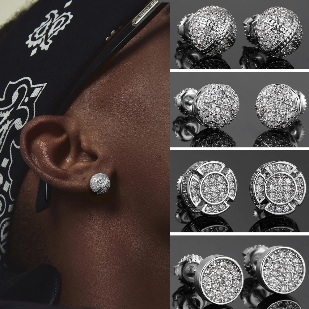 Rock Hip Hop Earrings For Men Iced Out AAA+ Shiny Cubic Zirconia Stone Screw Stud Earrings hippie Homme Jewelry Male Gift OHE160