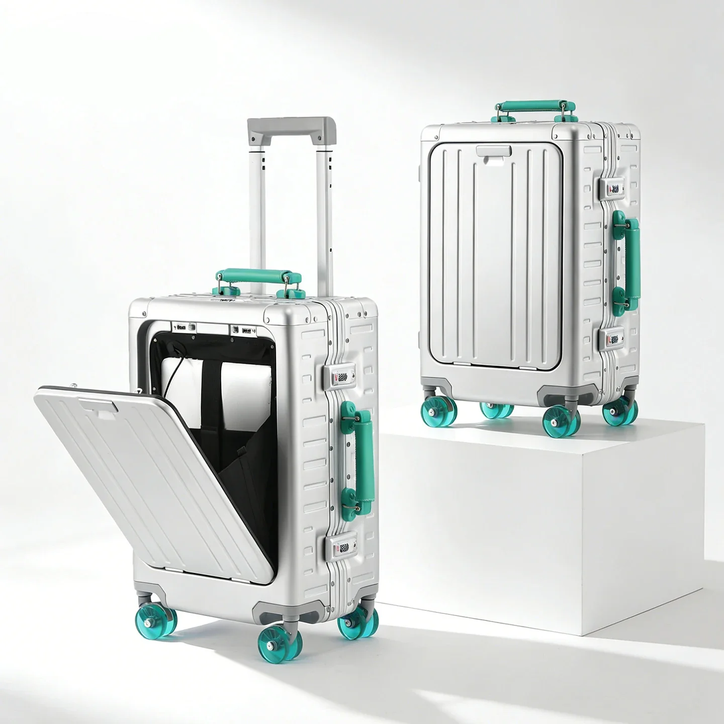 20 Inch Carry‑On Hard Travel Suitcase,Front‑Opening All Aluminum‑Magnesium Alloy Trolley Luggage,Unisex Hard Shell Case With Com